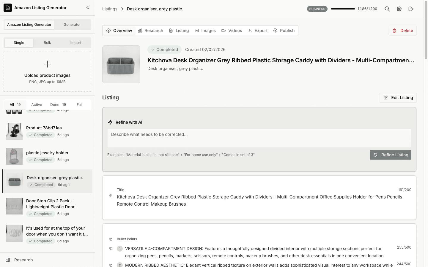 Amazon Listing Generator dashboard showing a complete Amazon listing with AI-generated content and images